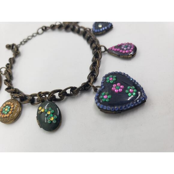 Puffy Heart Charm Bracelet Brass Tone Enamel Decor Teardrop 7 Locket Charms - Picture 6 of 14